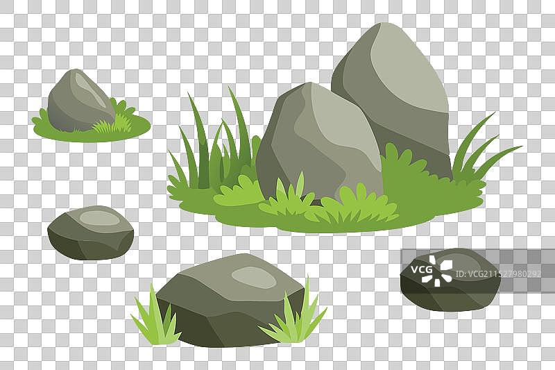 岩石和草坪块在白色背景上排列设置图片素材