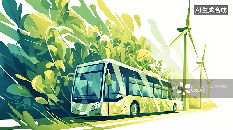 【AI数字艺术】绿色新能源大巴士公交车图片素材