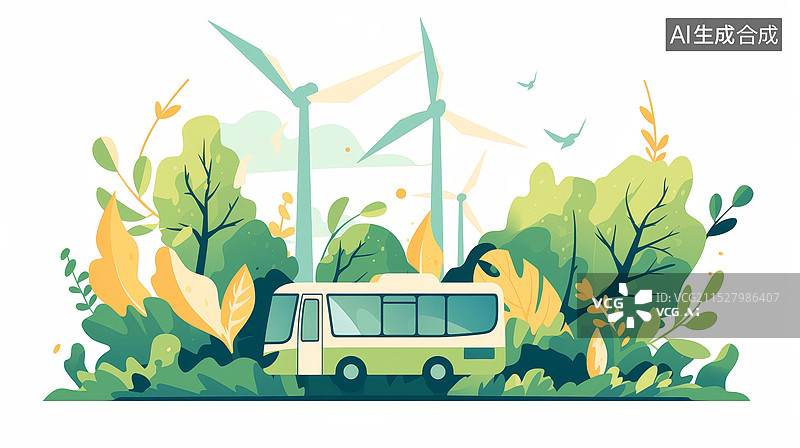 【AI数字艺术】绿色新能源大巴士公交车图片素材