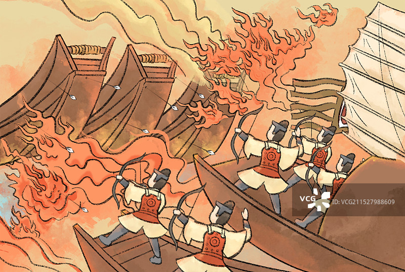 三国演义赤壁之战国风插画绘本风格图片素材
