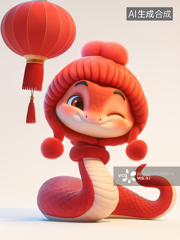 【AI数字艺术】春节一条带着红色帽子的可爱小蛇吉祥物图片素材