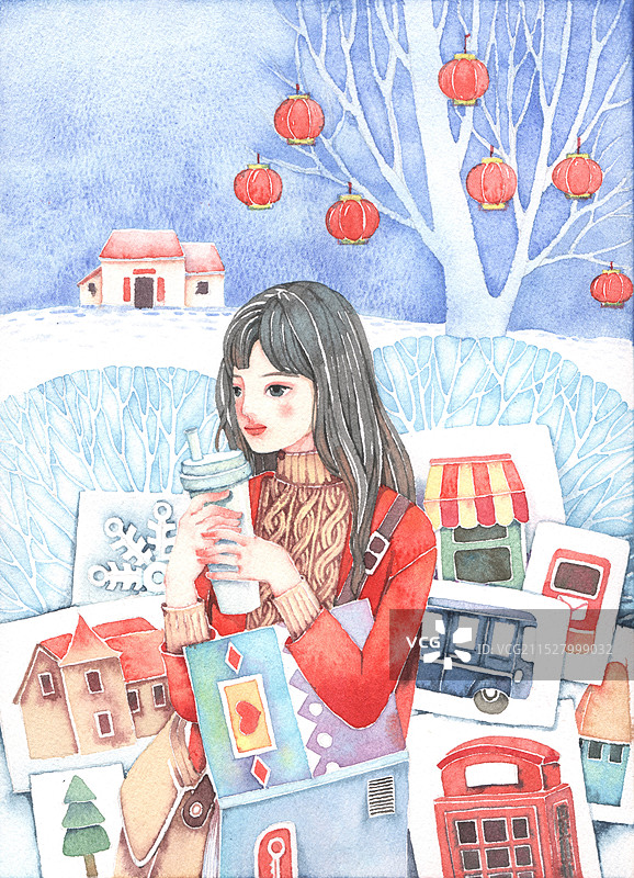 手绘水彩插画 冬天喝奶茶的女孩图片素材