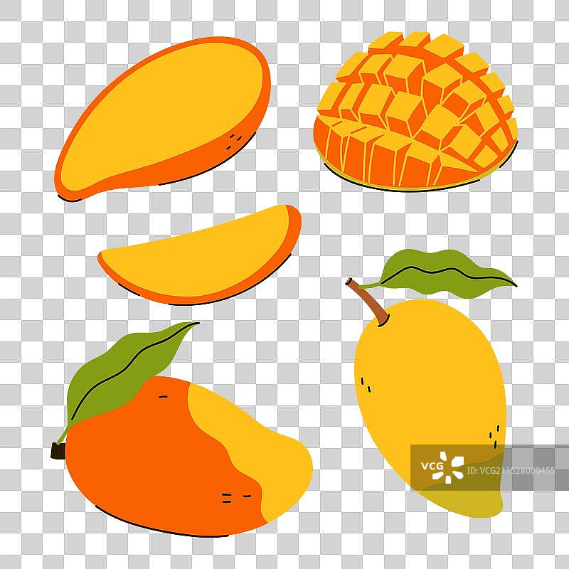 一组芒果和切片芒果在白色背景上孤立展示图片素材