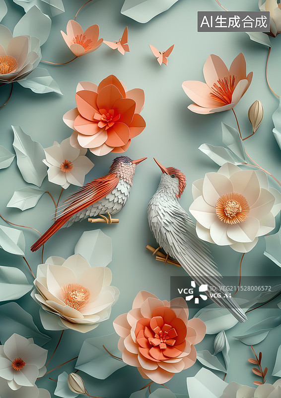 【AI数字艺术】卡通剪纸风格鲜花丛中的小鸟图片素材