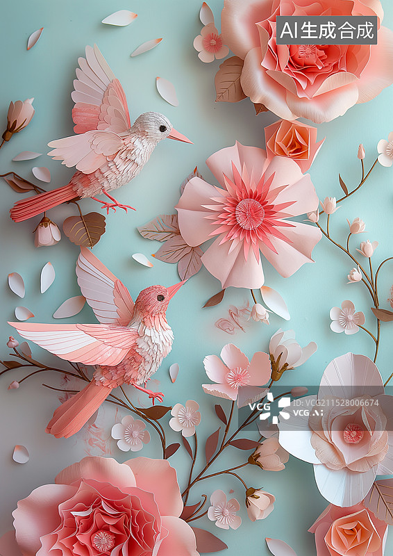 【AI数字艺术】卡通剪纸风格鲜花丛中的小鸟图片素材