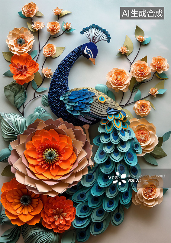 【AI数字艺术】卡通剪纸风格花丛中的孔雀图片素材