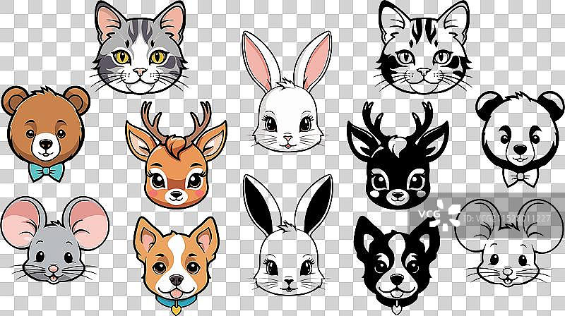 可爱的动物头像彩色套装图片素材