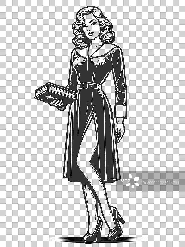 修女性感插图雕刻草图图片素材