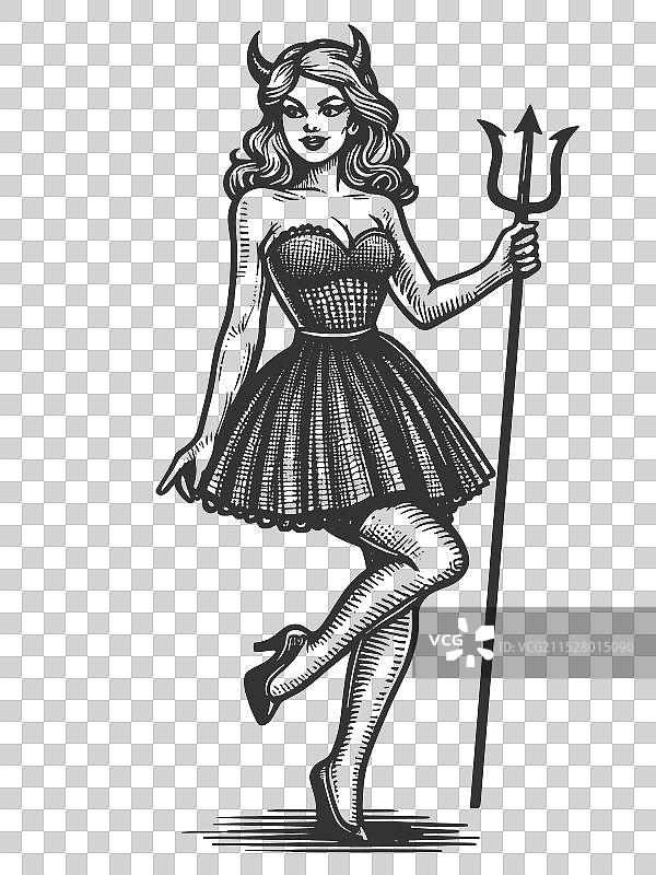女性恶魔角色以顽皮的姿势展示图片素材