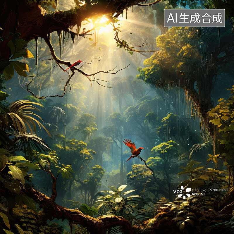 【AI数字艺术】美丽的热带雨林深处插画背景图图片素材