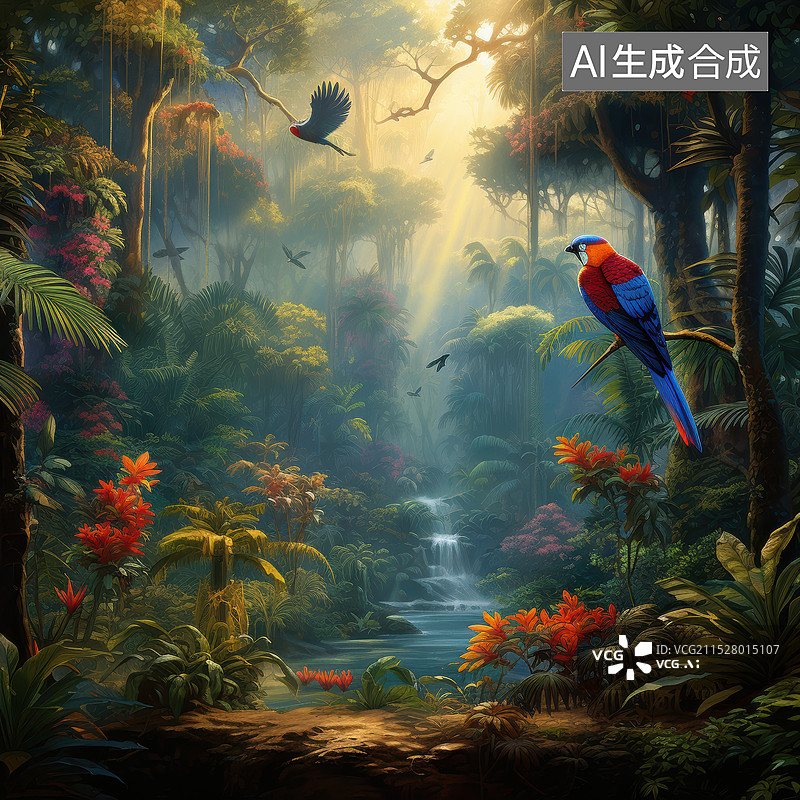 【AI数字艺术】美丽的热带雨林深处插画背景图图片素材