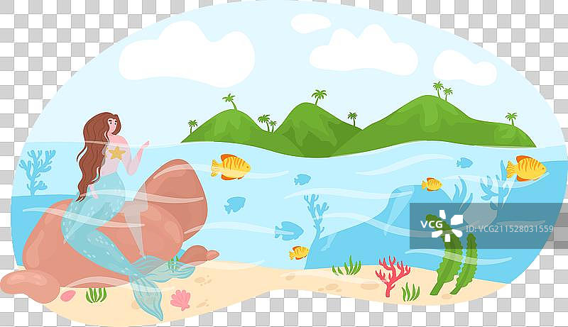 热带水下坐在岩石上的美人鱼图片素材