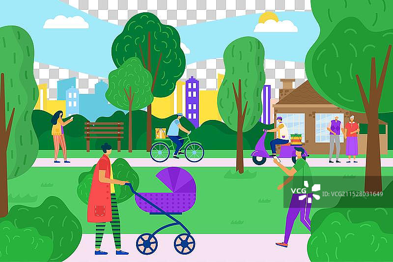 城镇居民一起在城市花园散步图片素材