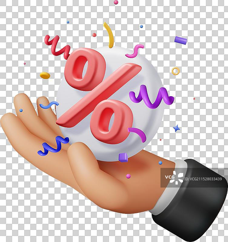 手中握着的百分号周围的3D彩色五彩纸屑图片素材