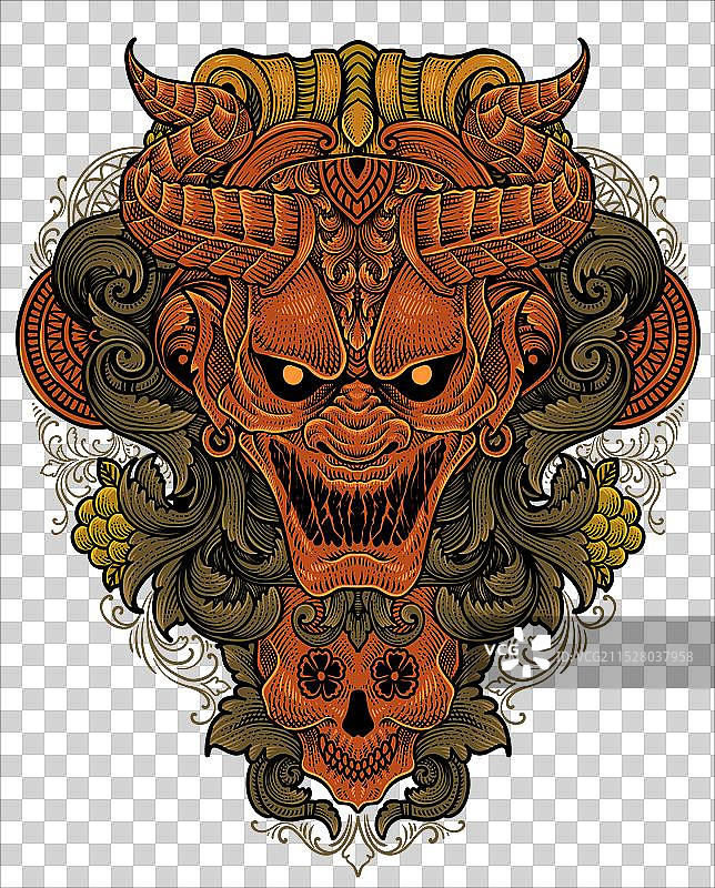 带有复古雕刻装饰的恐怖恶魔面具图片素材