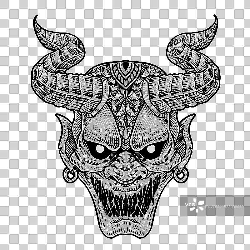 黑色背景上的恶魔面具雕刻风格图片素材