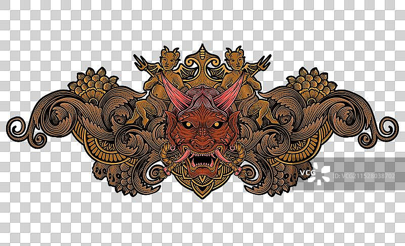 恐怖的日本恶魔面具与复古雕刻图片素材