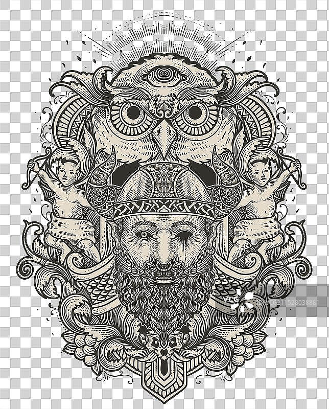 维京头部与复古雕刻装饰图片素材