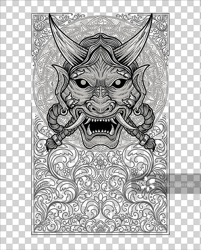恐怖的日本恶魔面具与复古雕刻图片素材