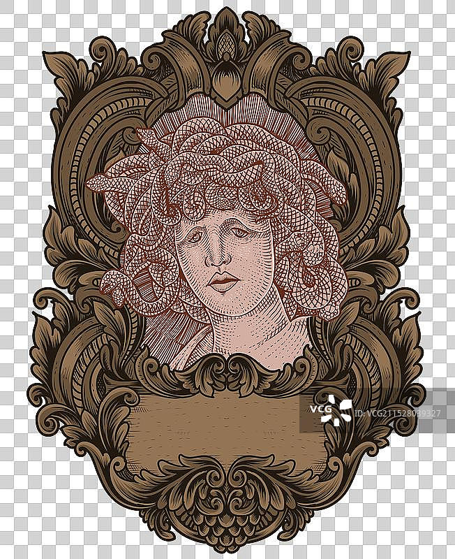 美杜莎头部与雕刻装饰框架图片素材
