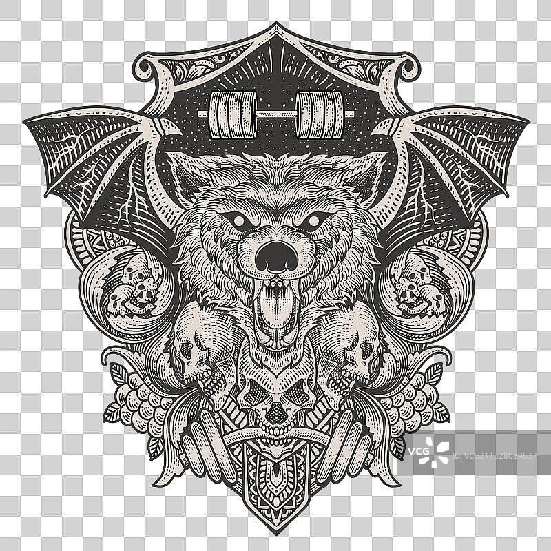 带有雕刻的凶猛狼头和骷髅图片素材