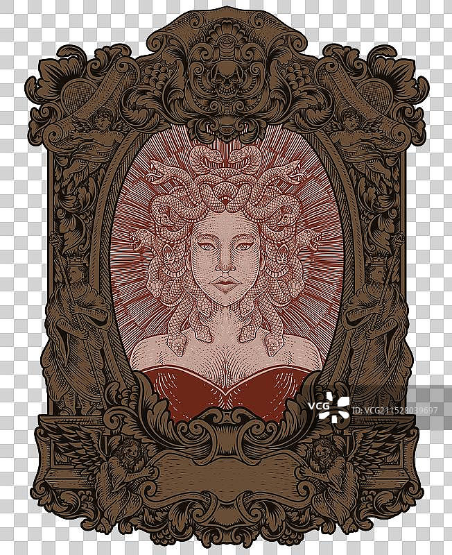 美杜莎头部与雕刻装饰框图片素材