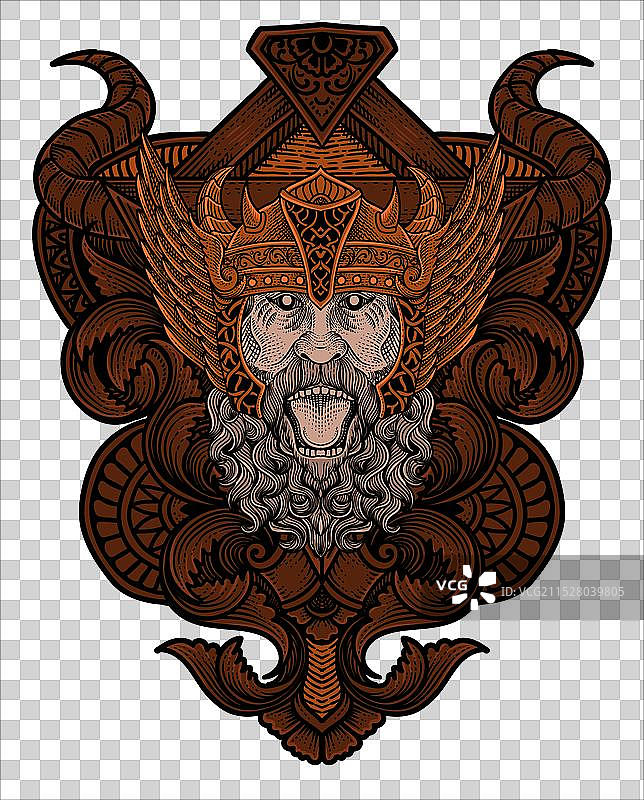 愤怒的维京人头像与复古雕刻装饰图片素材