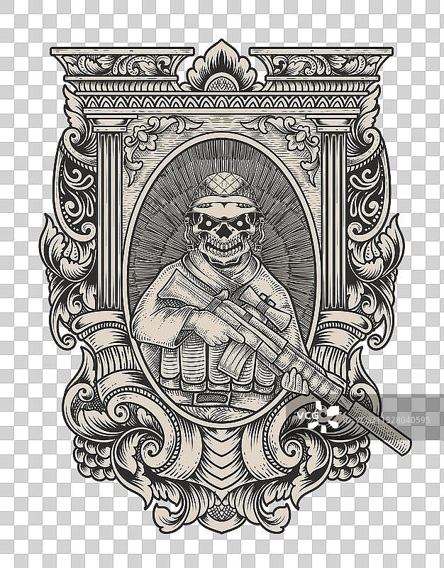 复古风格的骷髅军队与雕刻艺术图片素材