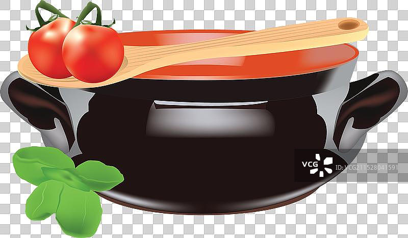 番茄和罗勒的砂锅菜与木勺图片素材
