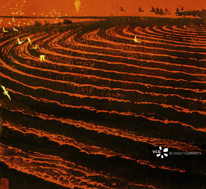 《海滩晨耕》吹塑纸版图片素材