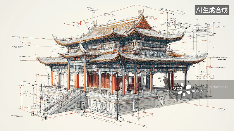 【AI数字艺术】线稿风格中国古建筑图片素材