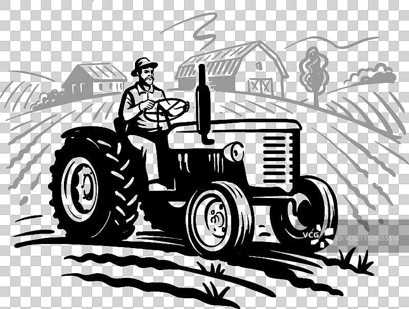乡村农场与拖拉机的乡村素描图片素材