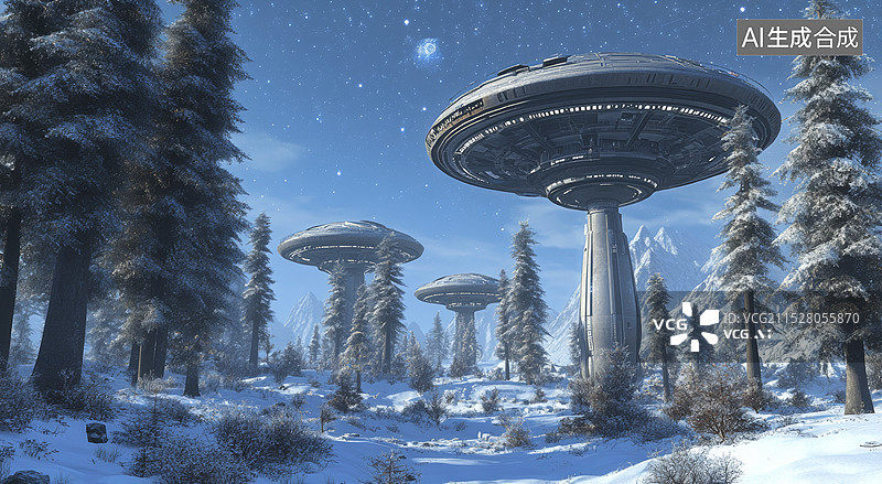 【AI数字艺术】一个冬季雪景中的未来城市。城市由多个悬浮在空中的圆形建筑组成，这些建筑看起来像是科幻电影中的飞船图片素材