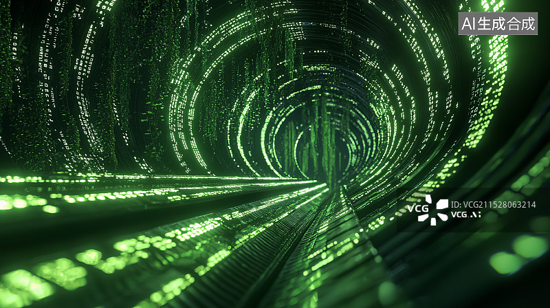【AI数字艺术】绿色数字流动数据通道图片素材