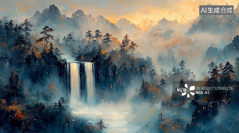 【AI数字艺术】梦幻山林瀑布风景图片素材