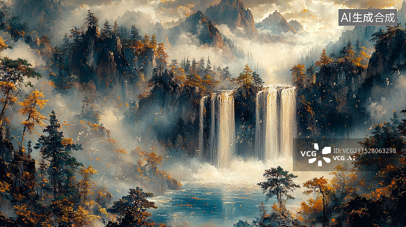 【AI数字艺术】梦幻山林瀑布风景图片素材