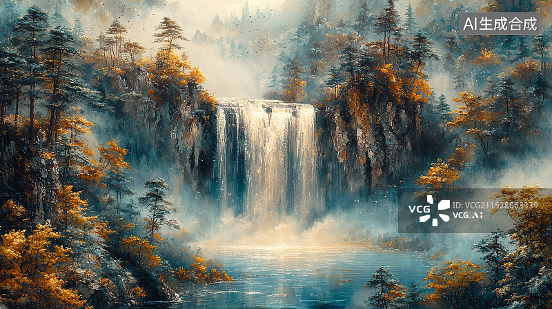 【AI数字艺术】梦幻山林瀑布风景图片素材