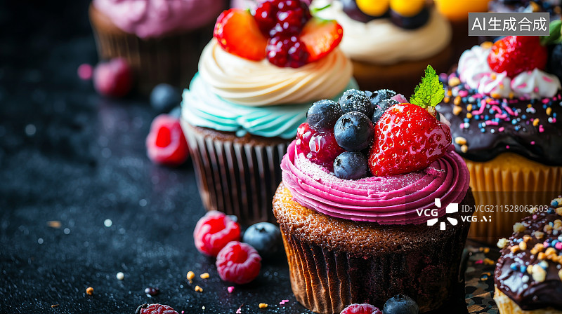 【AI数字艺术】多彩杯子蛋糕与水果装饰图片素材