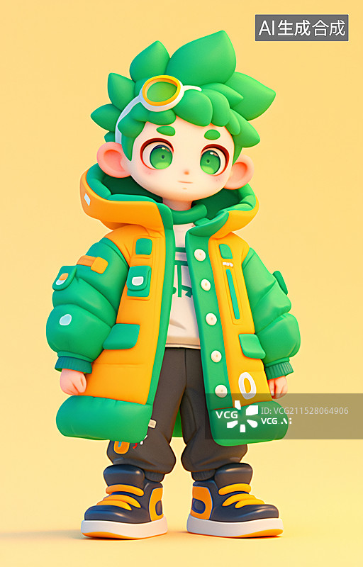 【AI数字艺术】绿色头发的3D男孩插画图片素材