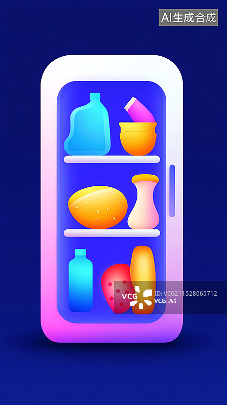 【AI数字艺术】厨房冰箱里的食物和蔬菜场景插画图片素材
