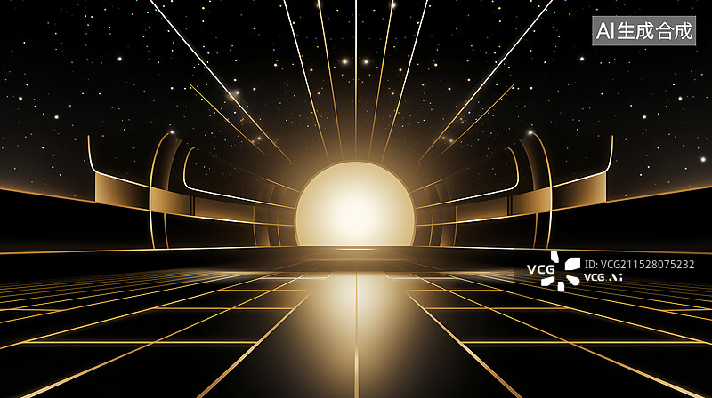 【AI数字艺术】宇宙星际空间站黑金舞台科技背景图片素材