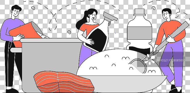 带无花果产品的人们线条图图片素材