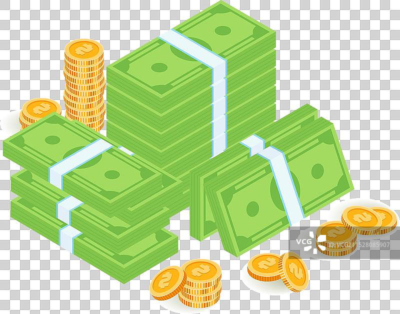 等距视图中的一堆钞票和硬币图片素材