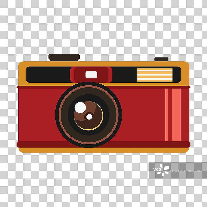 一台复古风格的红色相机，配有大镜头和图片素材