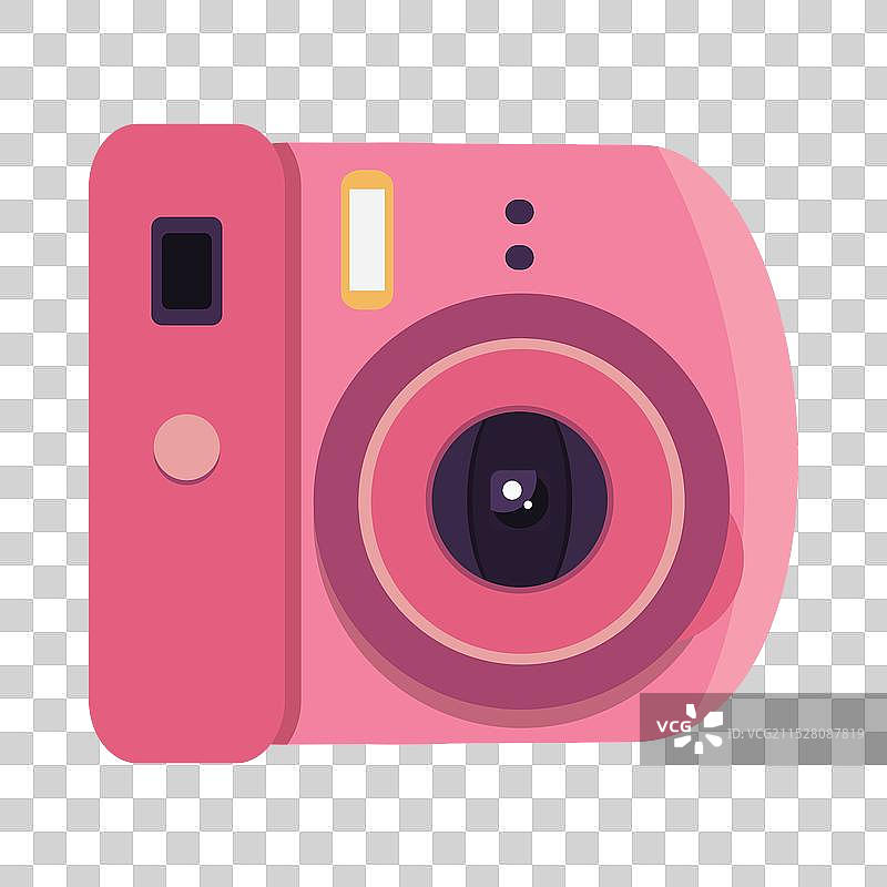 一台色彩鲜艳的粉色即影即有相机，配有大镜头图片素材