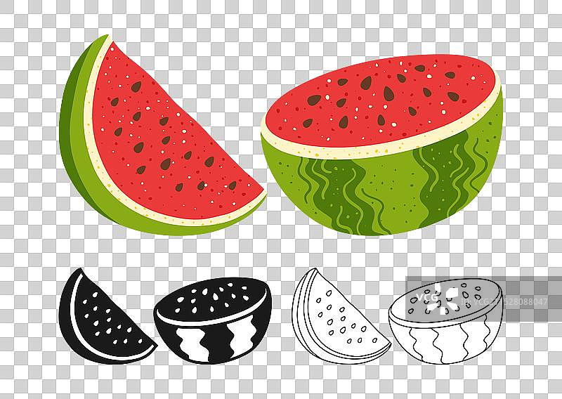 西瓜符号卡通图案，成熟的切片和半个西瓜图片素材