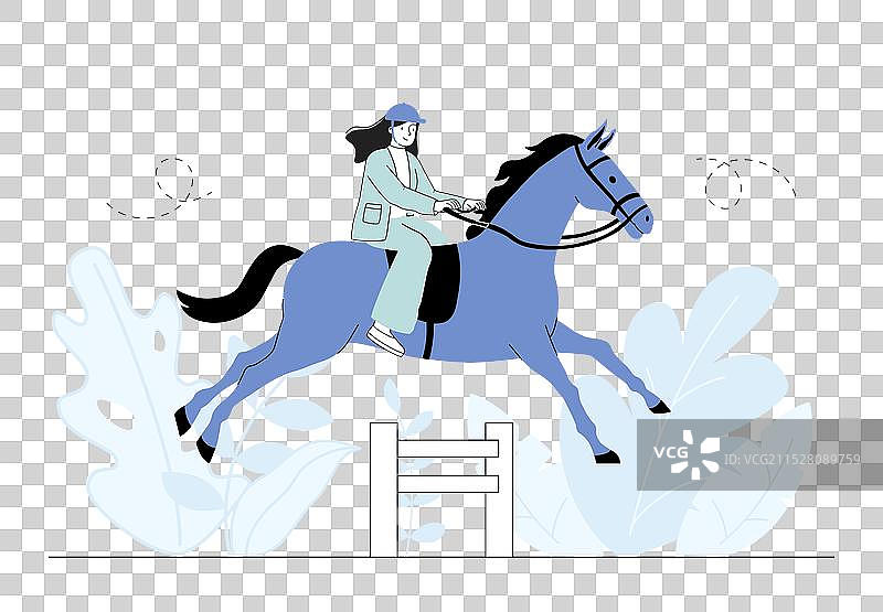 年轻女孩骑马跳跃的马术运动员图片素材