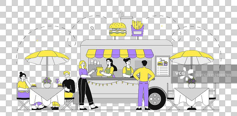 快餐摊贩的男女正在购买热狗图片素材