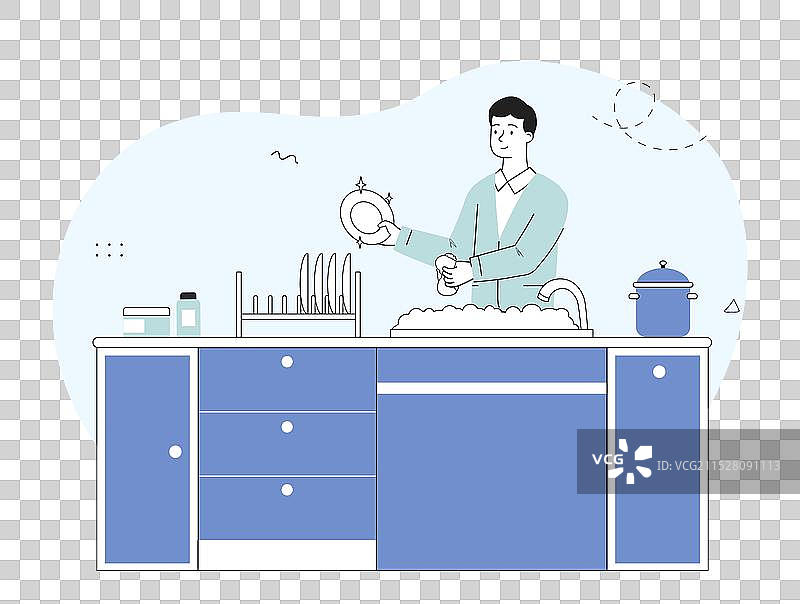 年轻男子在厨房洗碗并擦拭图片素材