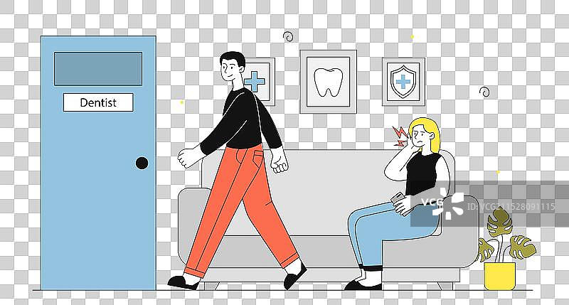 排队看牙医的男女，面露牙痛之苦图片素材